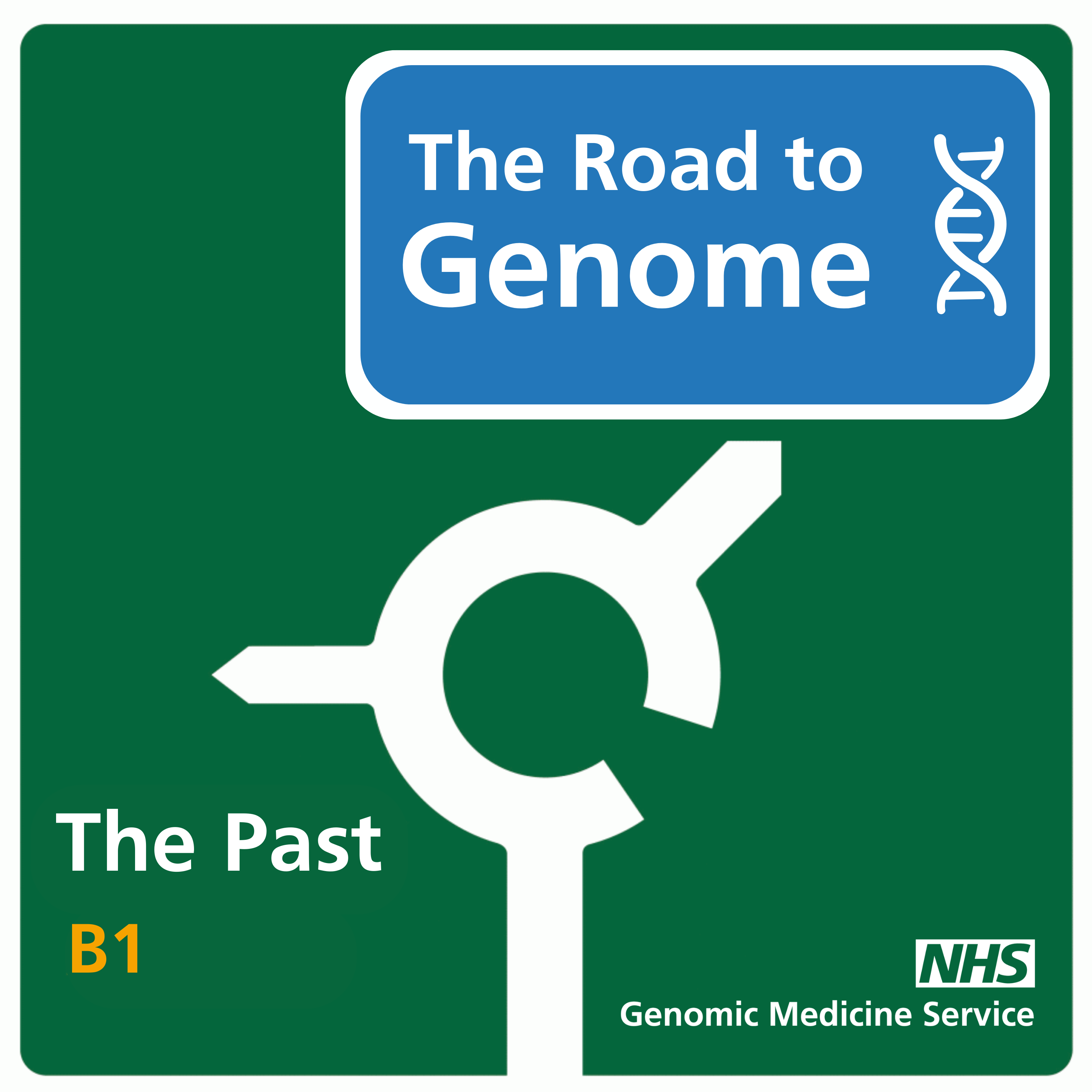 Motorway road sign with a roundabout on it and directions from The Past to The Road to Genome. An audio wave image runs across the roundabout image